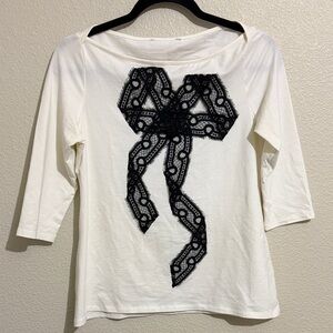 Anne Fontaine Black Lace Bow 3/4 Sleeves Elegant White Top